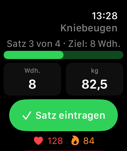 Apple Watch mit aktivem LiftPal-Workout, Satz, Wiederholungen, Gewicht, Puls und aktiven Kalorien