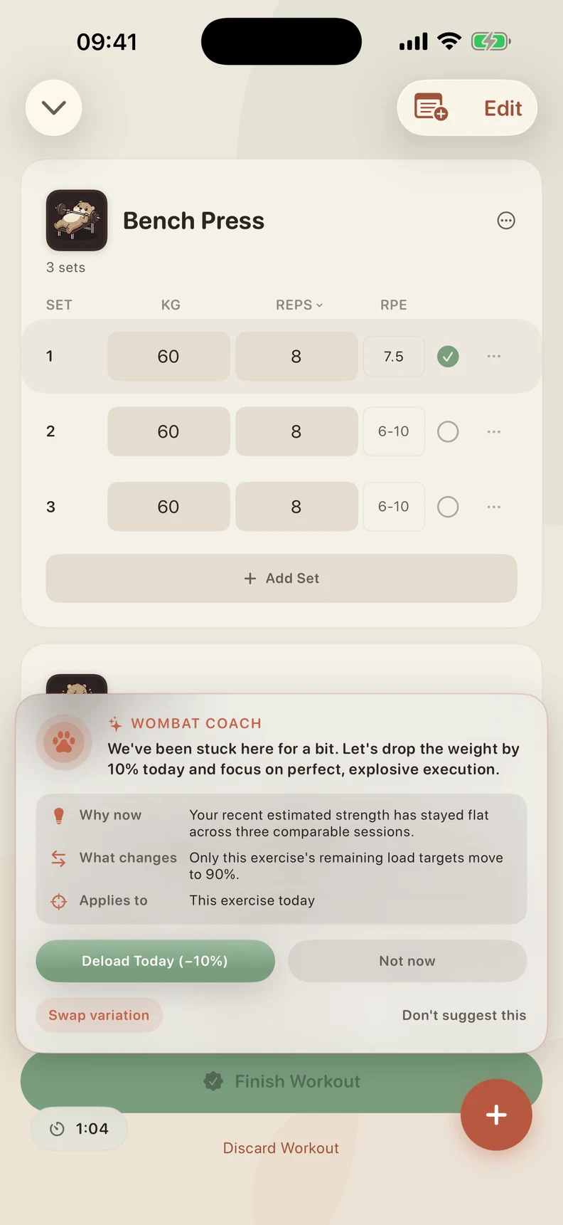 The Coach explains why it suggests a lighter load today and which sets would change. Accept, decline or choose an exercise variation.