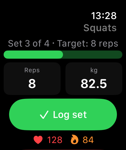 Apple Watch showing an active LiftPal workout with set, repetitions, weight, heart rate, and active calories