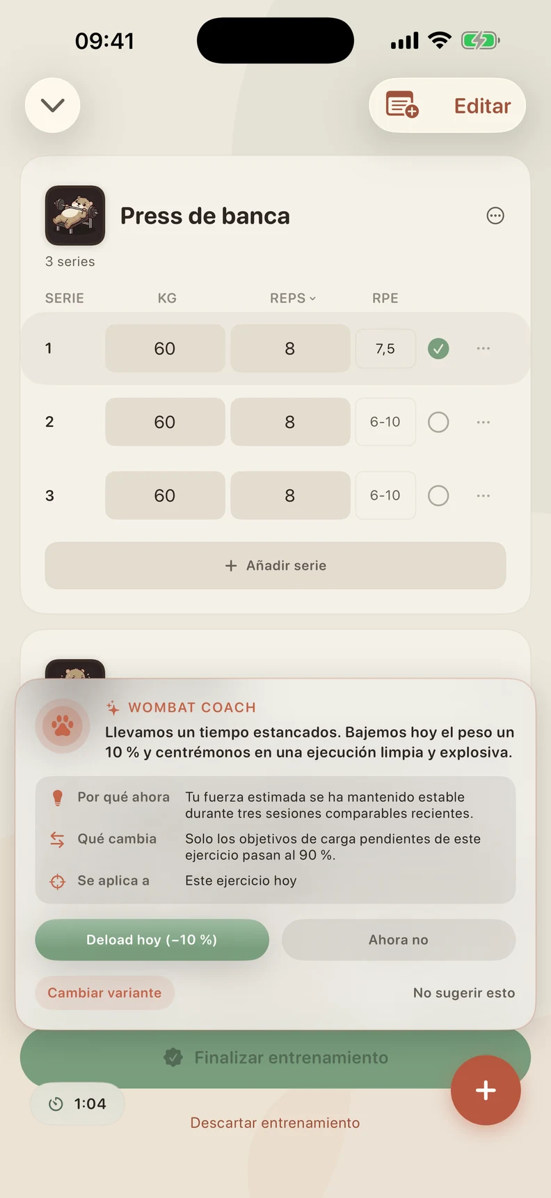 El Coach explica por qué propone menos peso hoy y qué series cambiarían. Puedes aceptar, rechazar o elegir una variante.