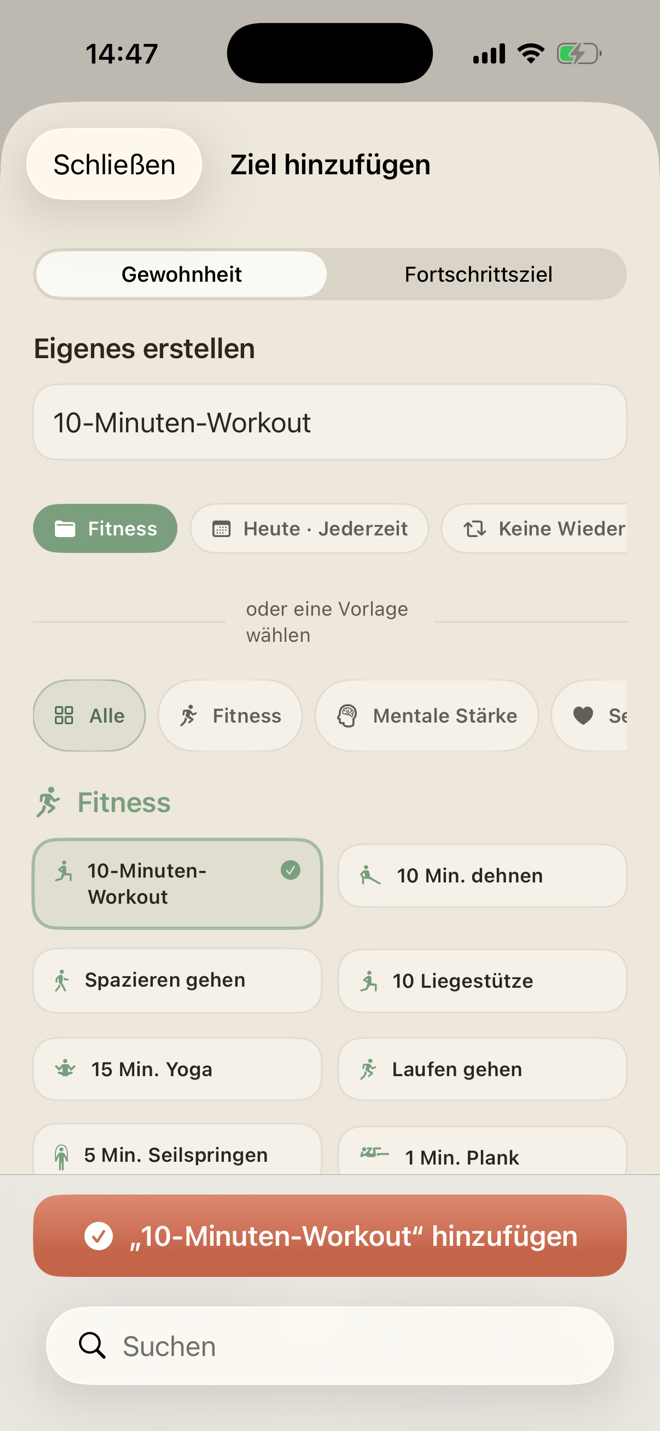 Gewohnheit in LiftPal mit Vorlagen, Kategorien, Zeitfenster und Wiederholung erstellen