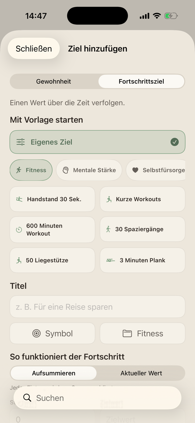 Vorlagen für messbare Fortschrittsziele wie Lernzeit, Spaziergänge, Liegestütze und Plank