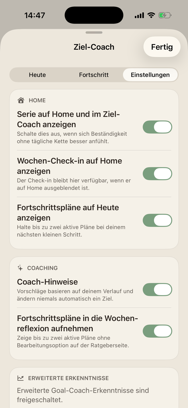 Einstellungen für Serie, Wochen Check in, Fortschrittspläne und Coach Hinweise in LiftPal