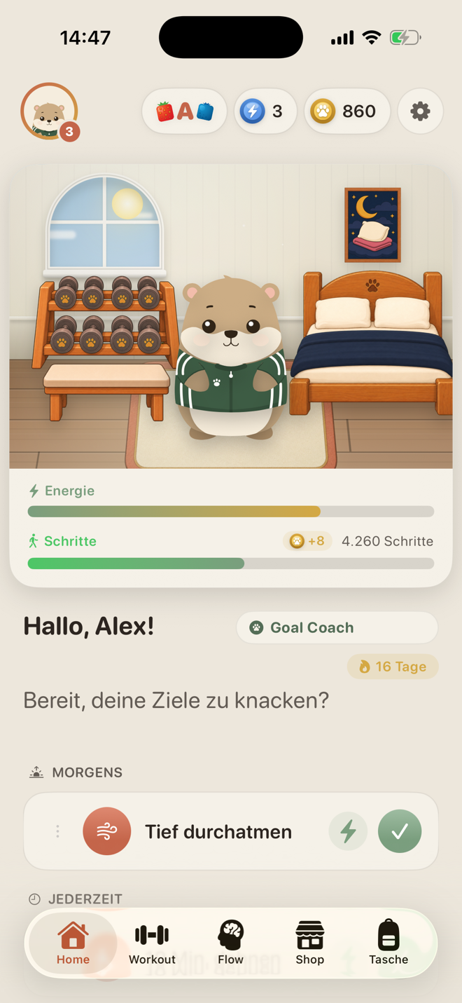 LiftPal Home mit echtem Wombat-Zimmer, Goal Coach, Tagesgewohnheiten und messbarem Fortschrittsziel