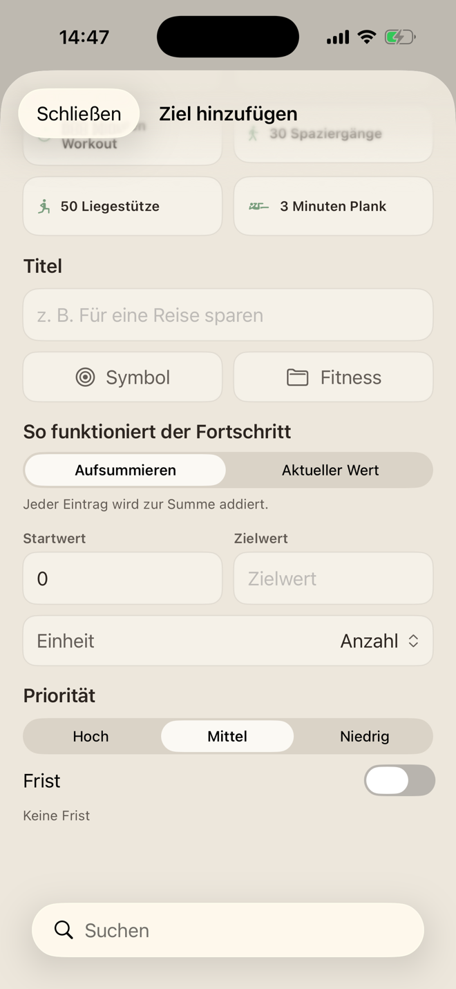Formular für ein Fortschrittsziel mit Startwert, Zielwert, Einheit, Priorität und optionaler Deadline