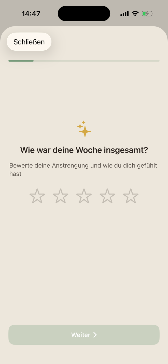Wöchentlicher Check in in LiftPal mit Frage nach Anstrengung und persönlichem Befinden