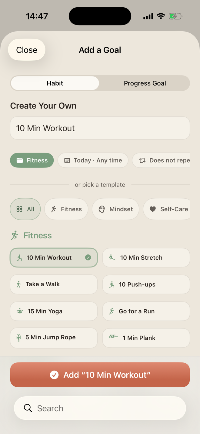 Creating a habit in LiftPal with templates, categories, a time window, and repeat settings
