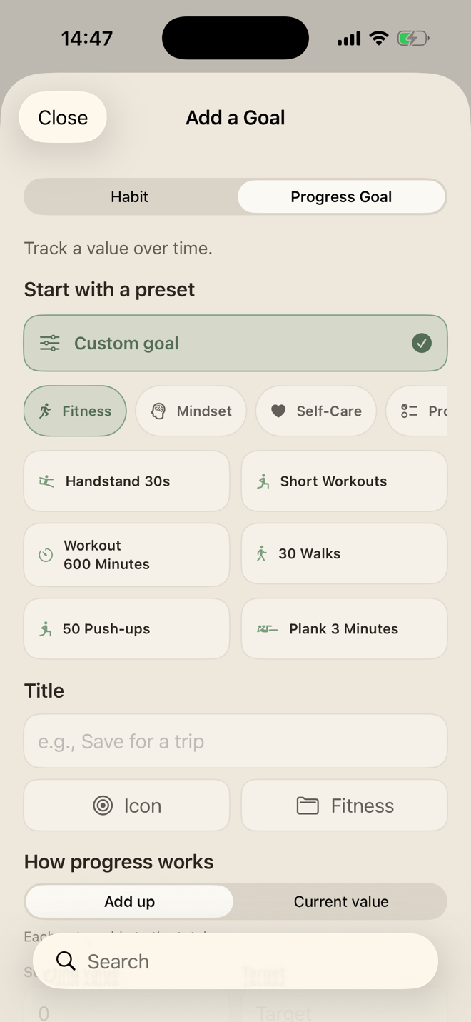 Progress goal templates for study time, walks, push-ups, and planks