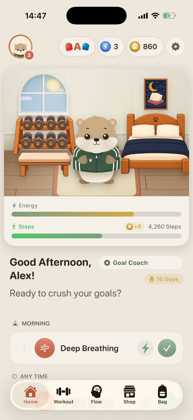 LiftPal Home with the real Wombat room, Goal Coach, daily habits, and a measurable progress goal