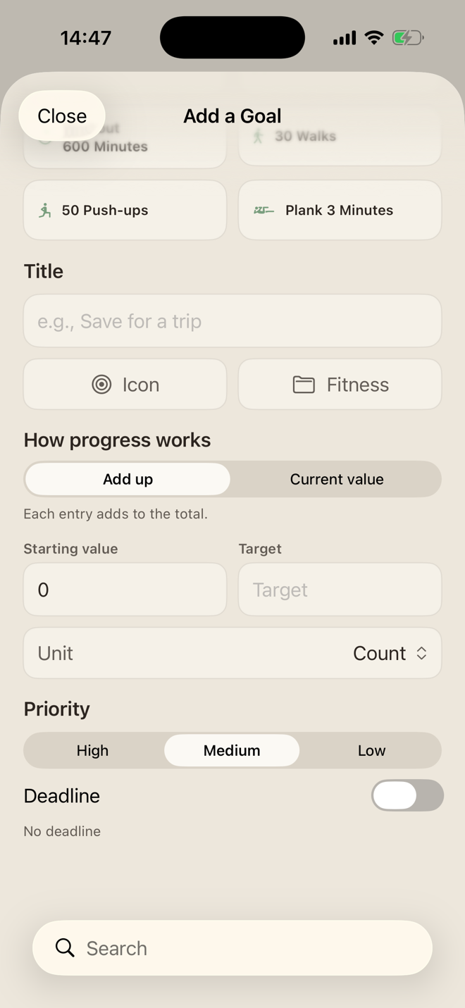 Custom progress goal form with a starting value, target, unit, priority, and optional deadline