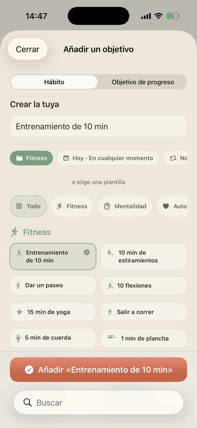 Creación de un hábito en LiftPal con plantillas, categorías, horario y repetición