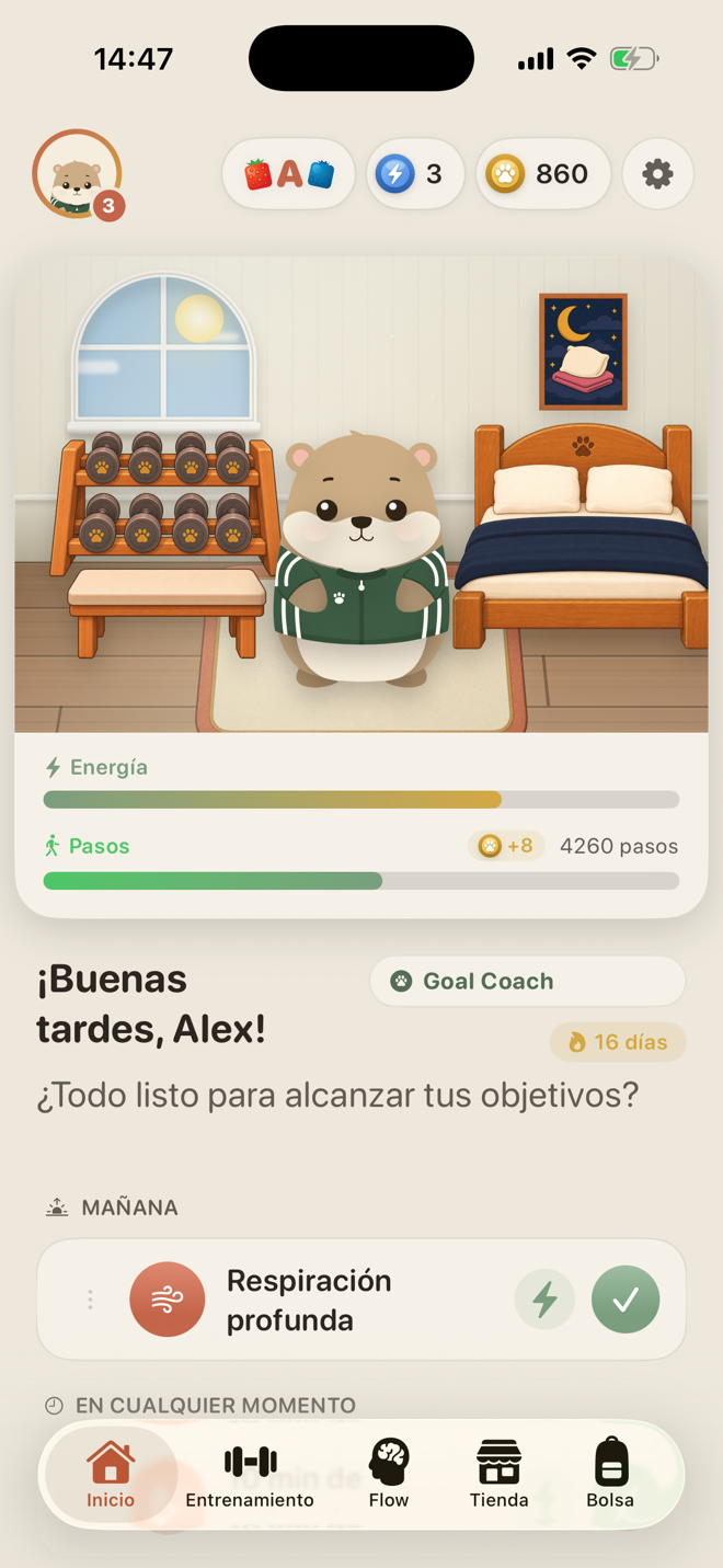 Inicio de LiftPal con la habitación real del wombat, Goal Coach, hábitos diarios y un objetivo de progreso medible