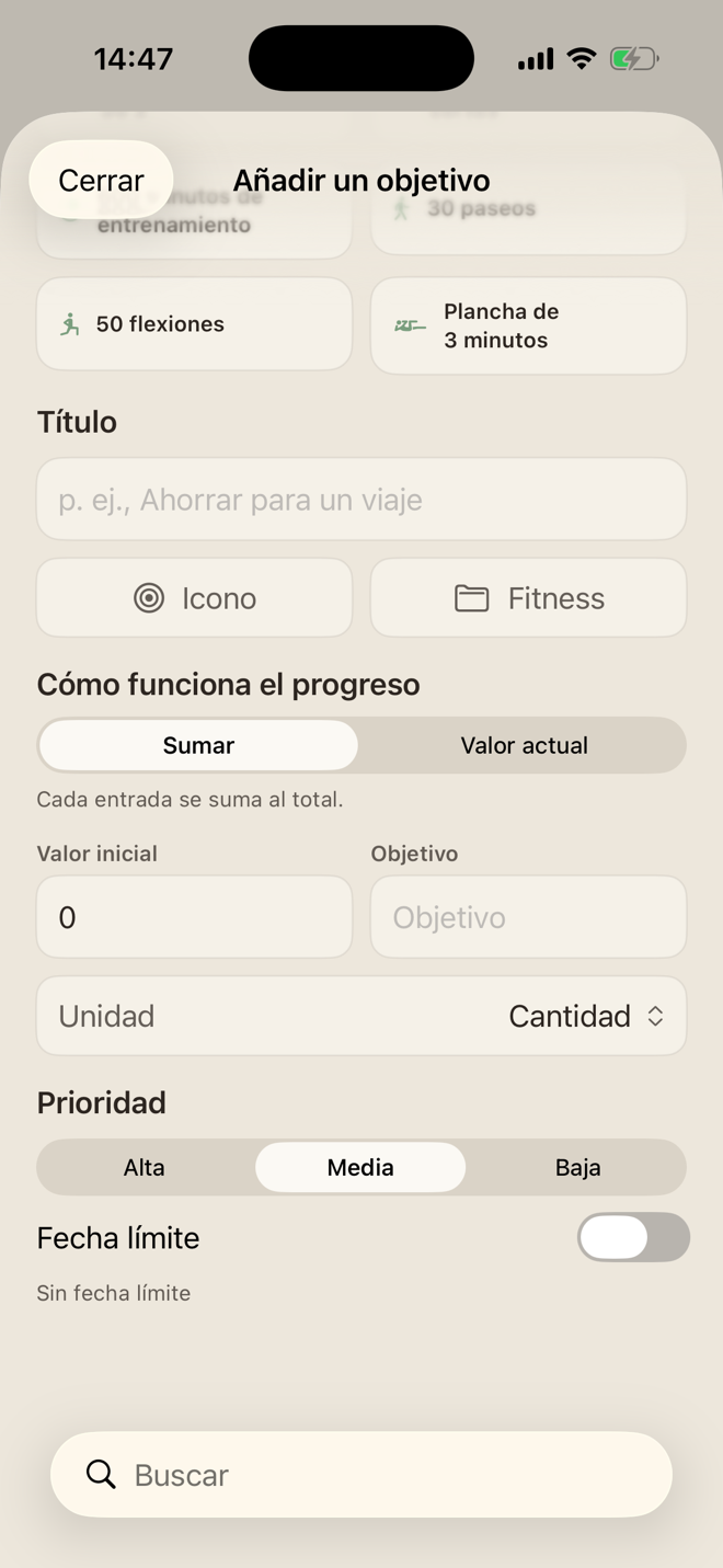 Formulario de objetivo de progreso con valor inicial, meta, unidad, prioridad y fecha límite opcional