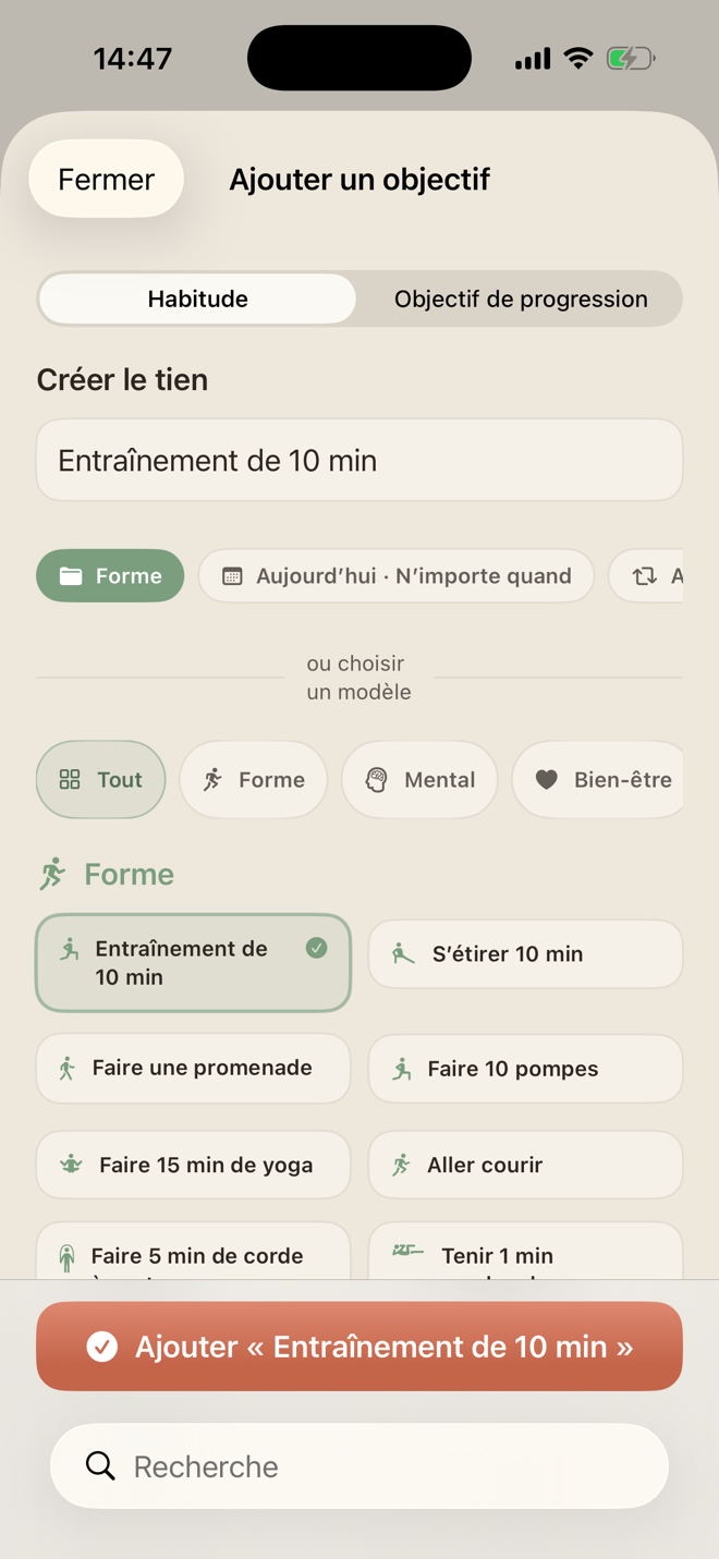 Création d’une habitude dans LiftPal avec modèles, catégories, créneau et répétition