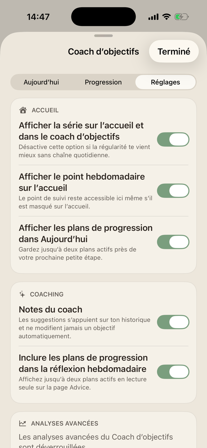 Réglages de LiftPal pour les séries, les bilans hebdomadaires, les plans de progression et les notes du coach