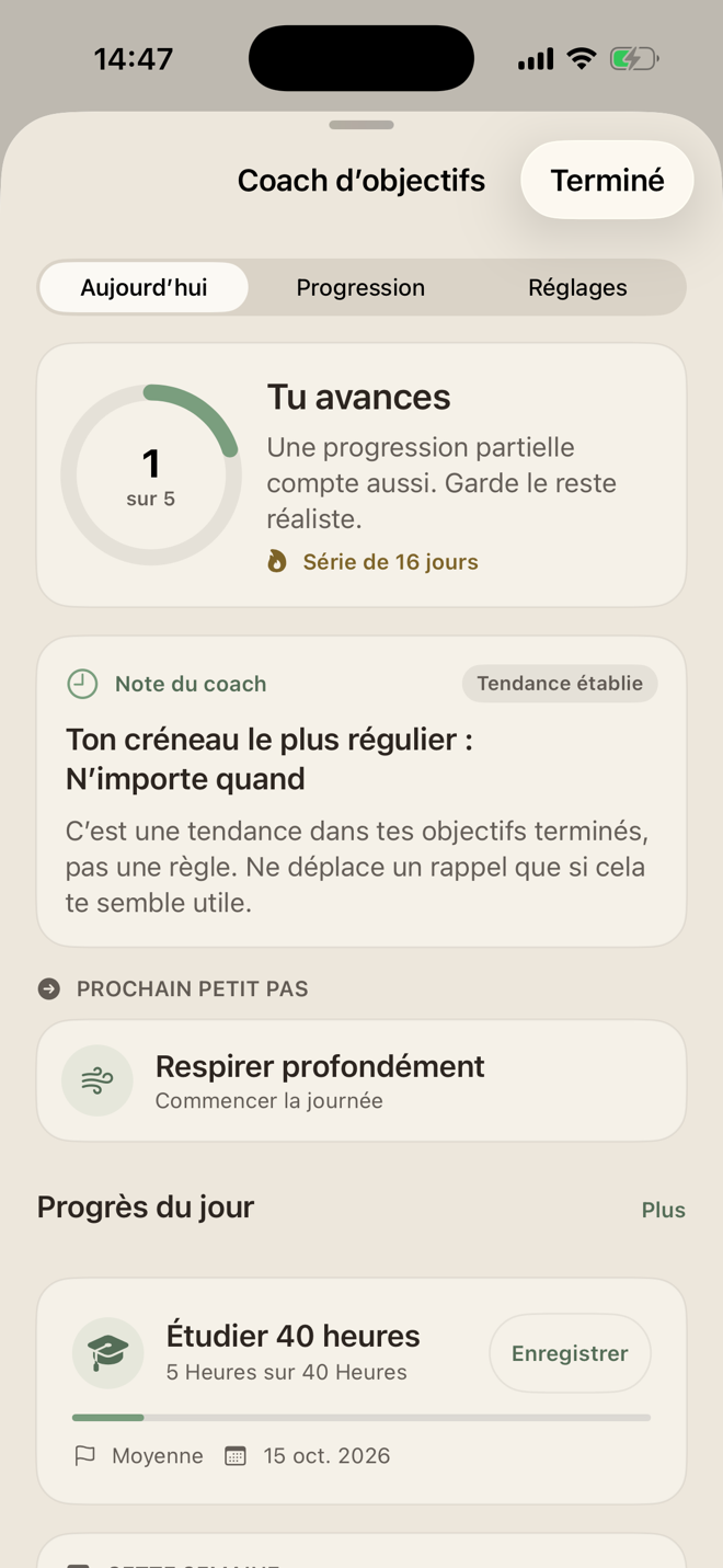 Goal Coach avec un objectif sur cinq, une tendance horaire détectée et une prochaine petite étape