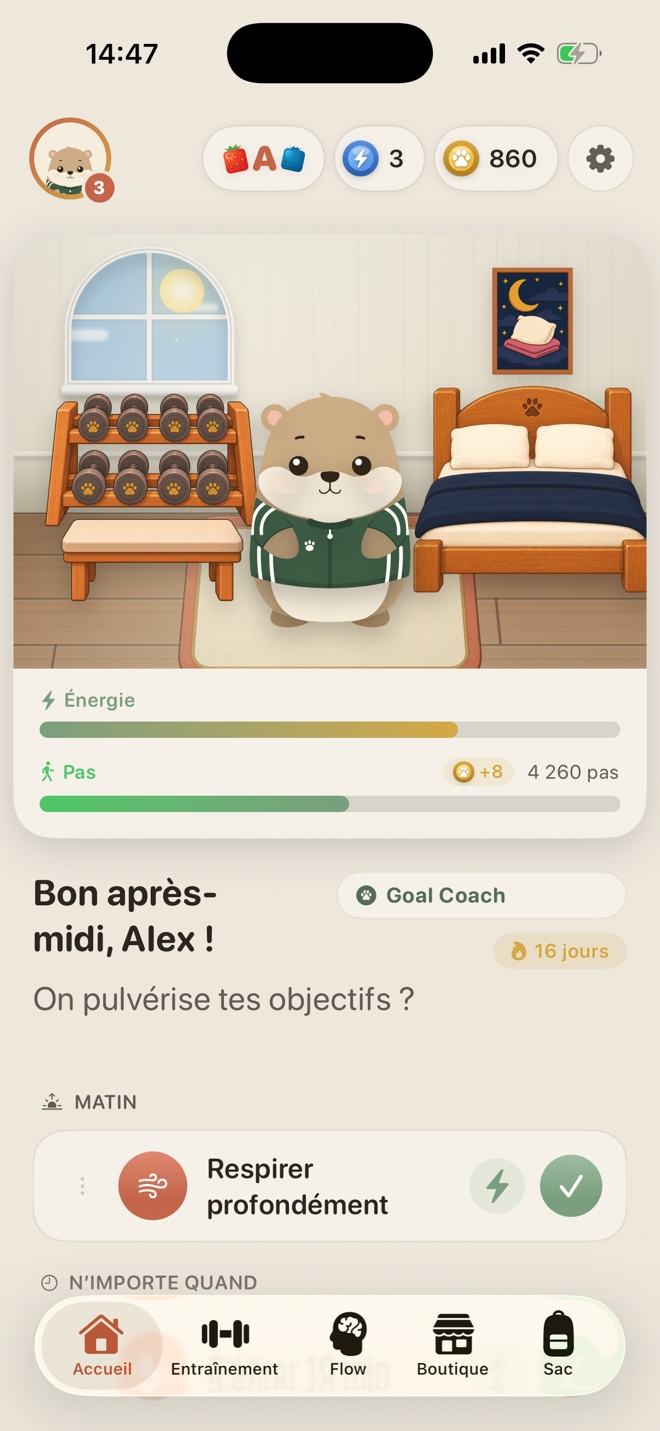 Accueil de LiftPal avec la vraie chambre du wombat, Goal Coach, les habitudes du jour et un objectif de progression mesurable