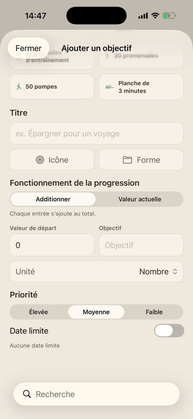 Formulaire d’objectif de progression avec valeur de départ, cible, unité, priorité et échéance facultative