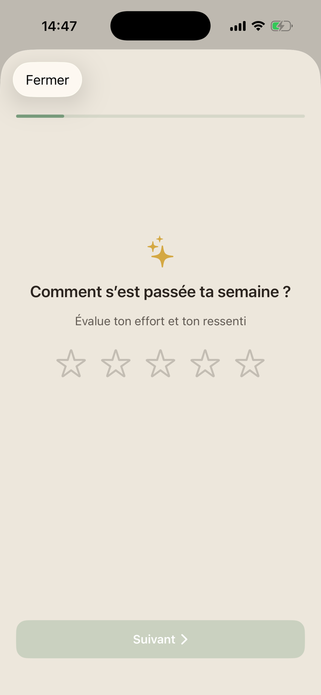 Bilan hebdomadaire de LiftPal demandant l’effort fourni et le ressenti de la semaine