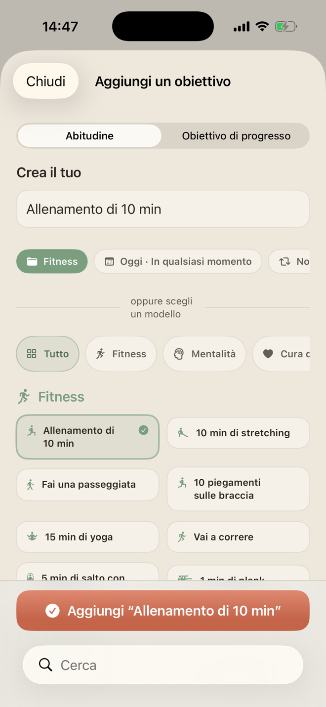 Creazione di un’abitudine in LiftPal con modelli, categorie, orario e ripetizione