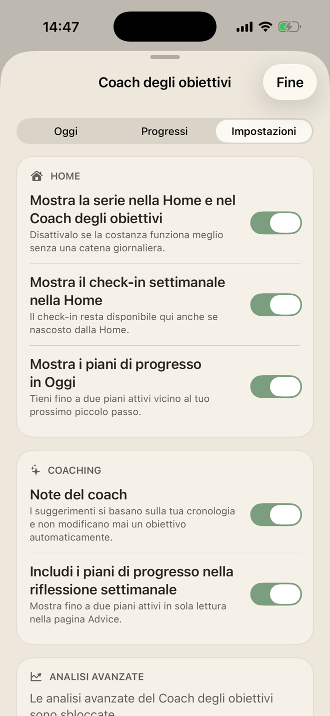 Impostazioni di LiftPal per serie, riepiloghi settimanali, piani di progresso e note del coach