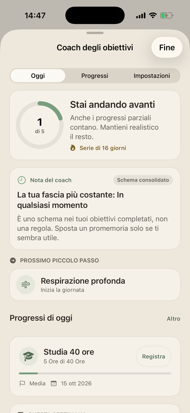 Goal Coach con un obiettivo su cinque, uno schema orario rilevato e il prossimo piccolo passo