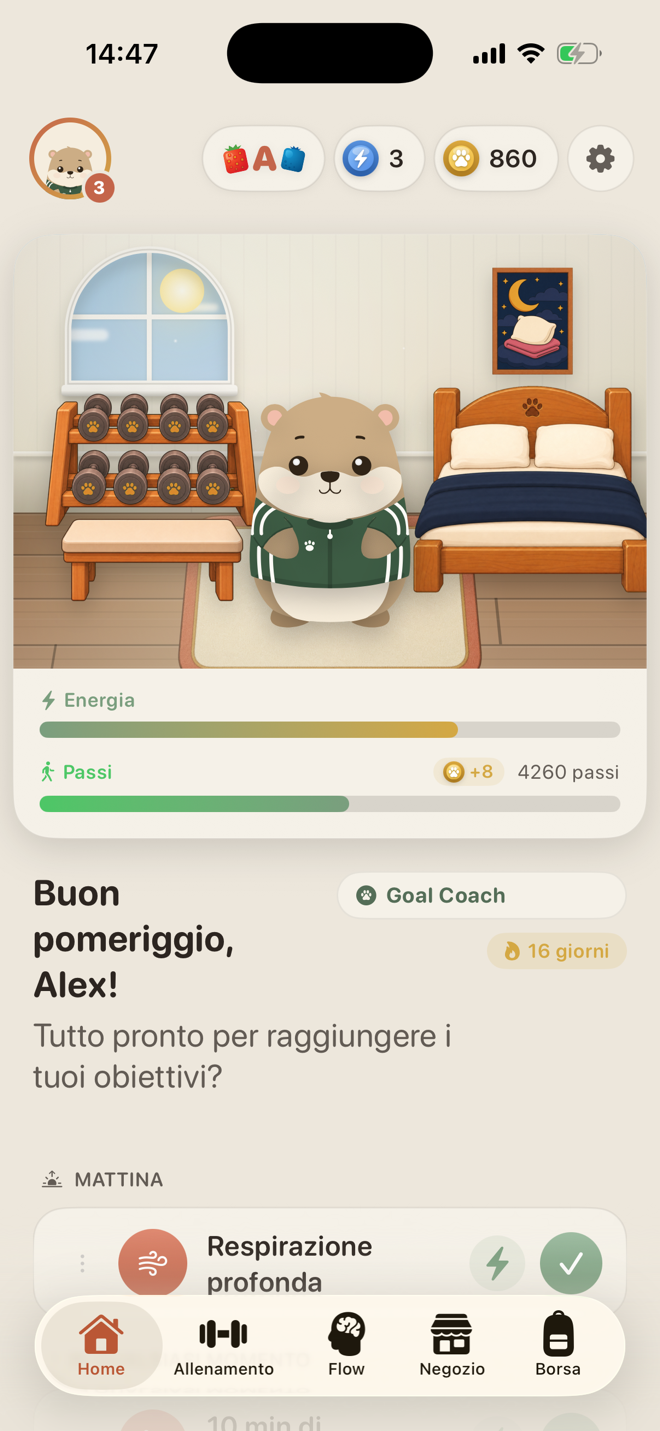 Home di LiftPal con la vera stanza del wombat, Goal Coach, abitudini quotidiane e un obiettivo di progresso misurabile