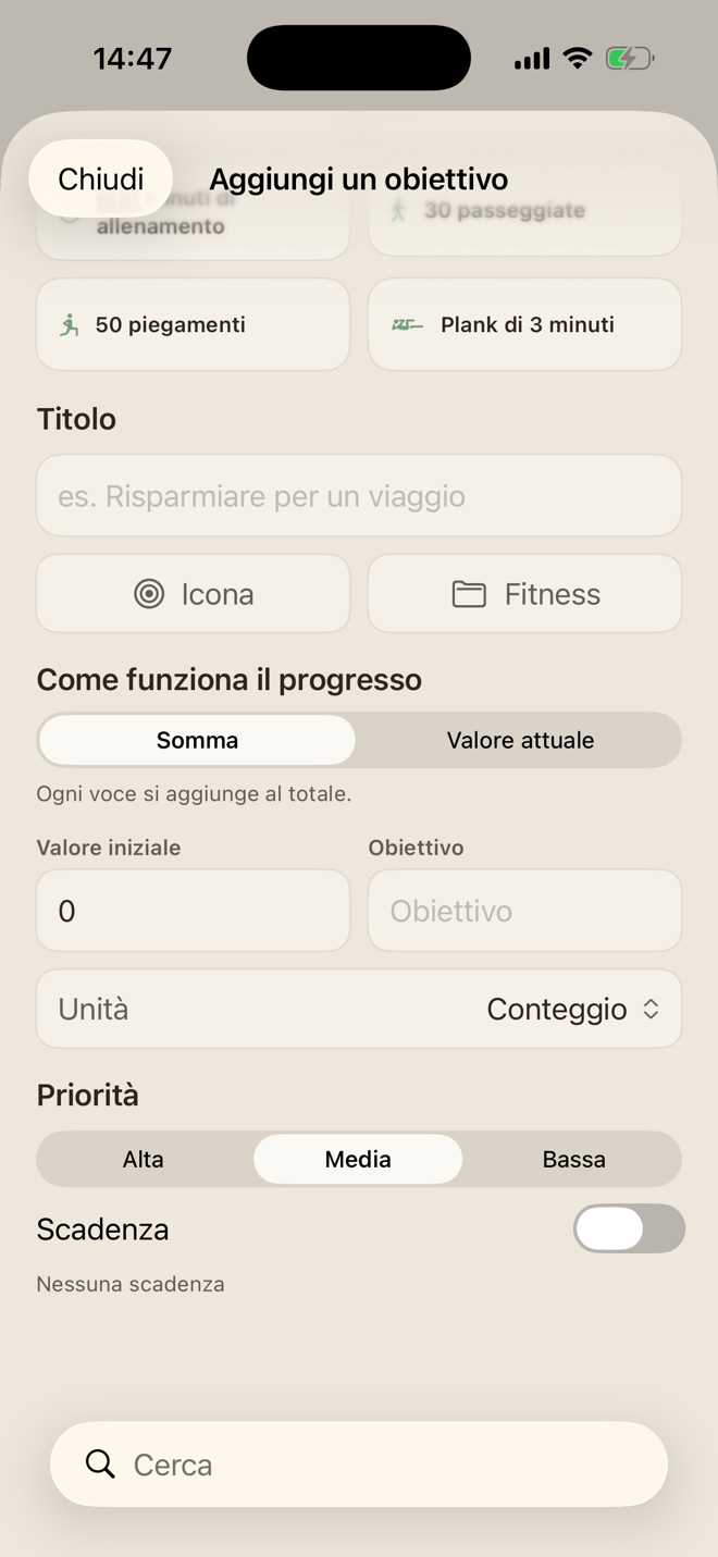 Modulo di obiettivo di progresso con valore iniziale, traguardo, unità, priorità e scadenza facoltativa