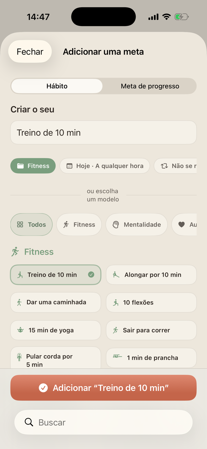 Criação de hábito no LiftPal com modelos, categorias, período do dia e repetição