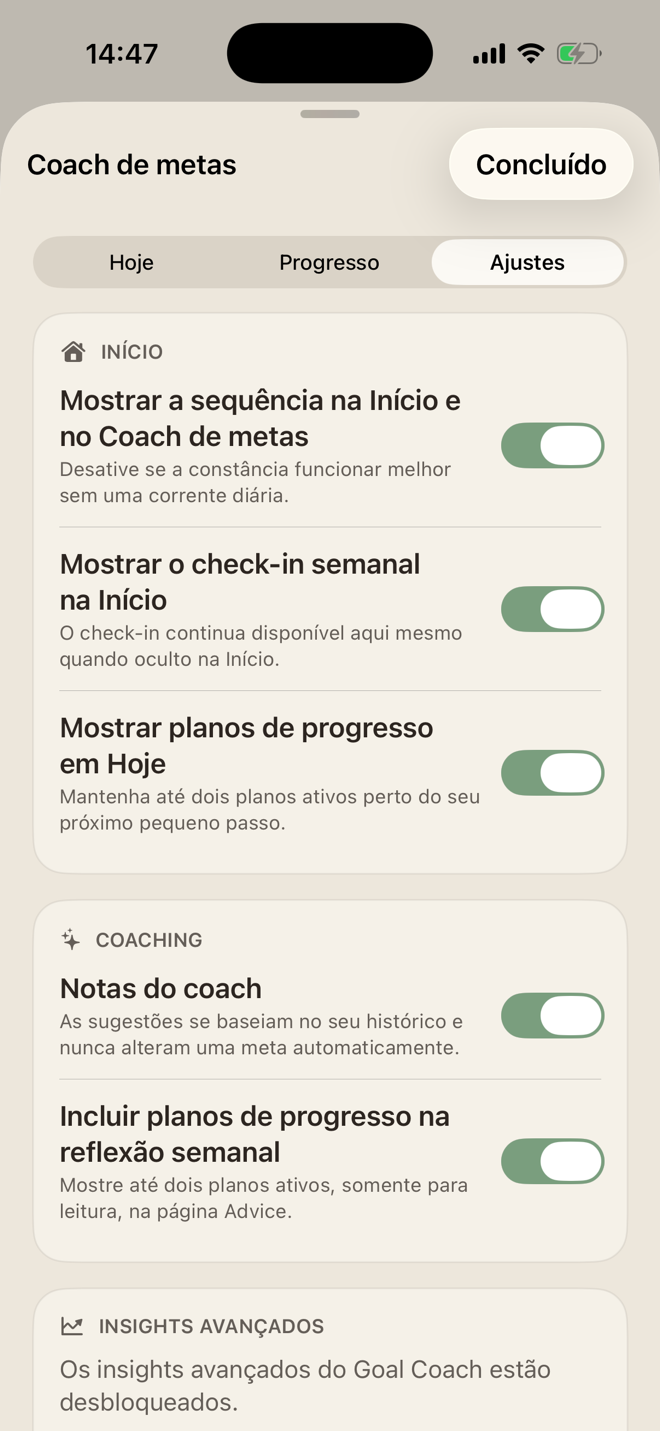 Configurações do LiftPal para sequências, check-ins semanais, planos de progresso e notas do coach