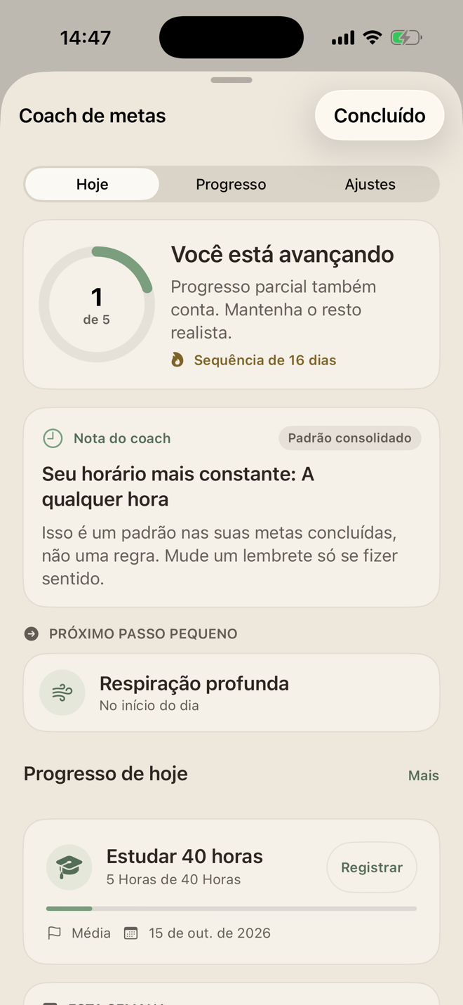 Goal Coach com uma de cinco metas, padrão de horário detectado e próximo pequeno passo