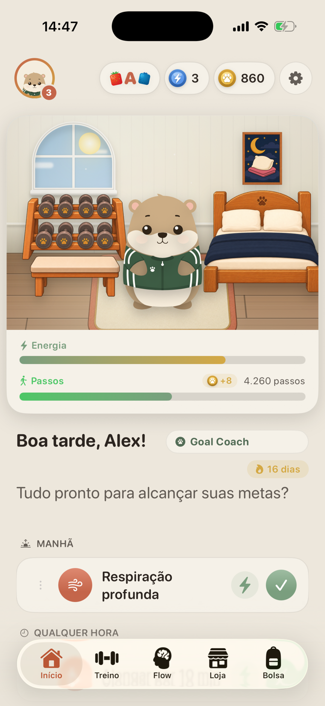 Tela inicial do LiftPal mostrando o quarto do wombat no app, Goal Coach, hábitos diários e uma meta de progresso mensurável