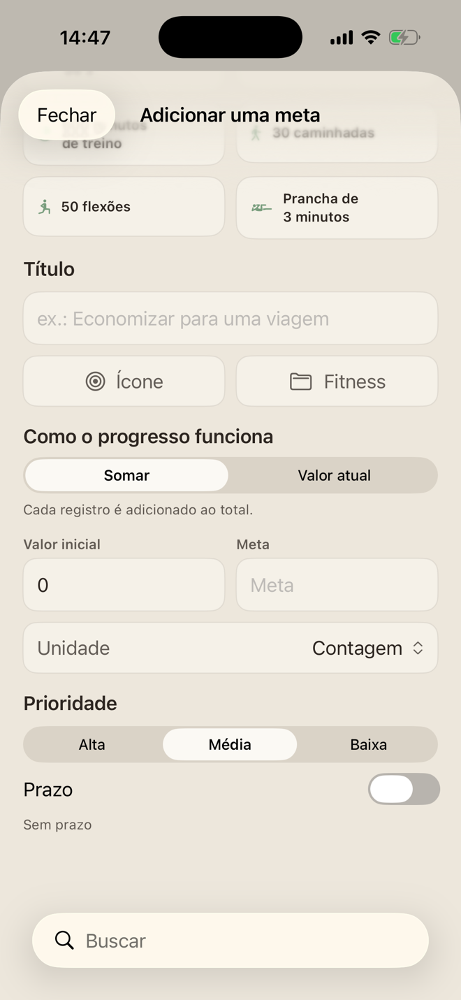 Formulário de meta de progresso com valor inicial, objetivo, unidade, prioridade e prazo opcional