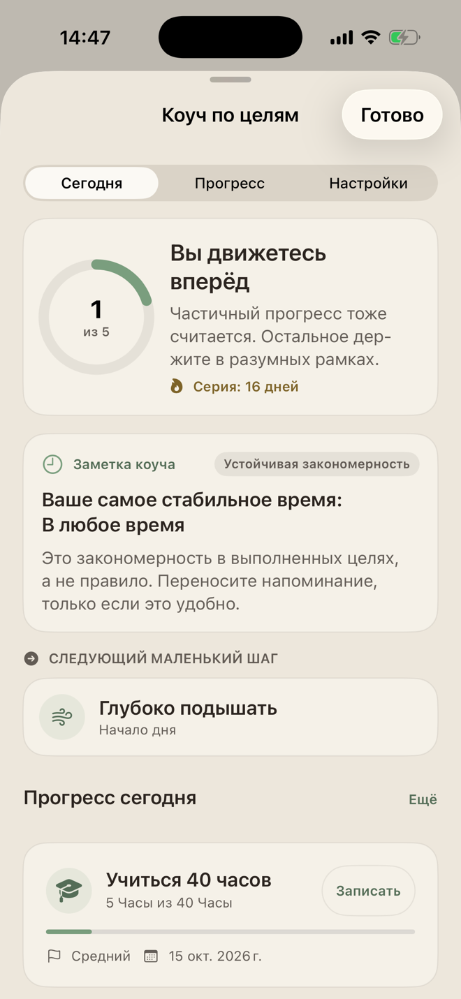 Goal Coach с одной выполненной целью из пяти, найденным временным паттерном и следующим небольшим шагом