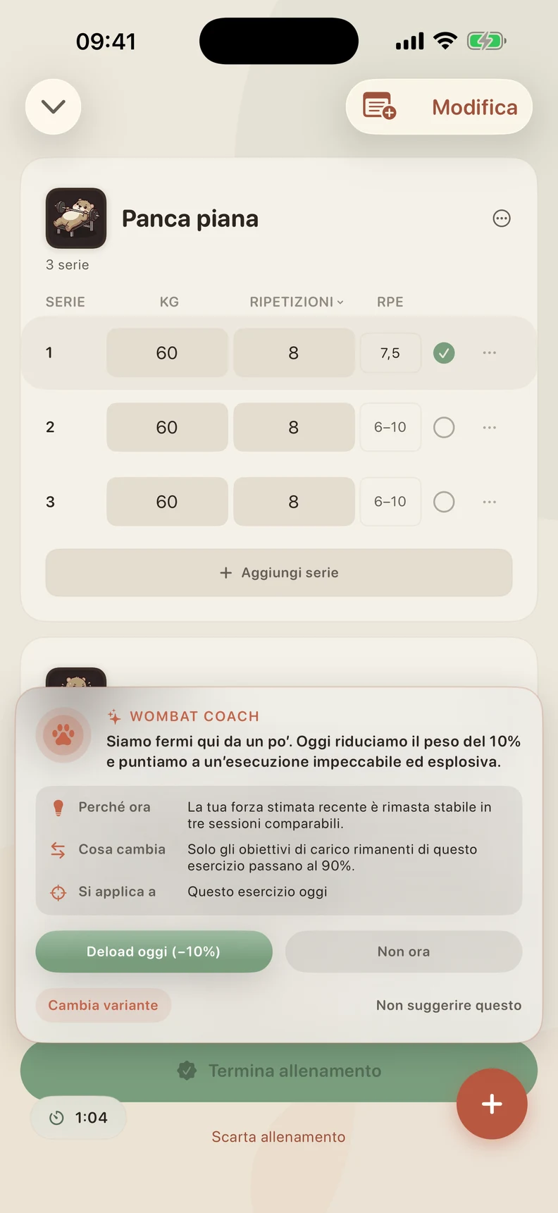 Il Coach spiega perché propone meno peso oggi e quali serie cambierebbero. Puoi accettare, rifiutare o scegliere una variante.