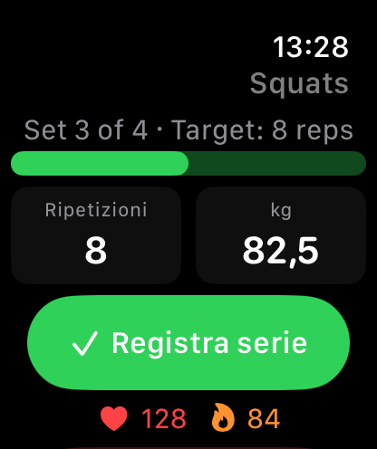 Apple Watch con allenamento LiftPal attivo, serie, ripetizioni, peso, frequenza cardiaca e calorie attive