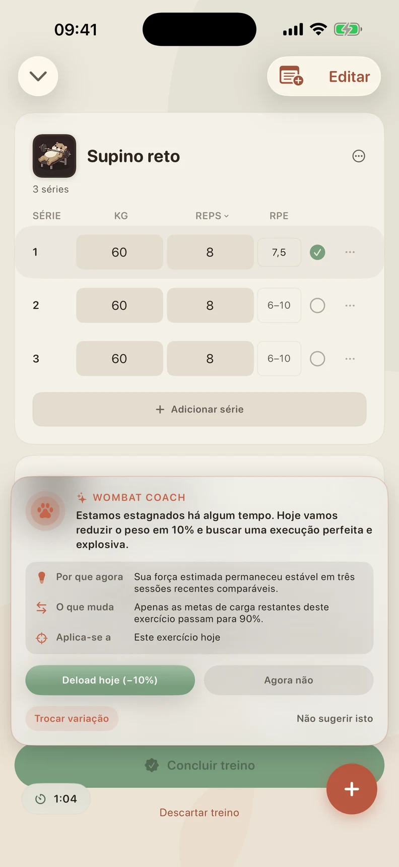 O Coach explica por que sugere menos peso hoje e quais séries mudariam. Aceite, recuse ou escolha uma variação.