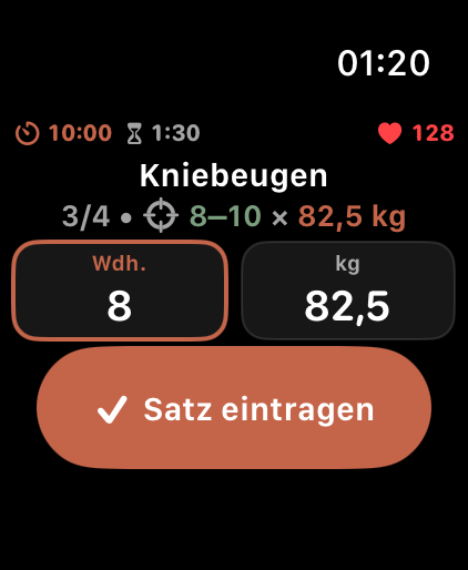 LiftPal auf Apple Watch mit Kniebeugen, Satzfortschritt, Wiederholungen, Gewicht und Schaltfläche Satz eintragen