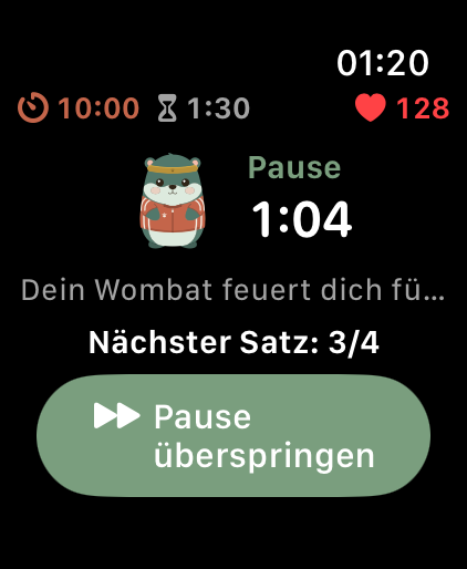 Pausentimer in LiftPal auf Apple Watch mit nächstem Satz und anfeuerndem Wombat
