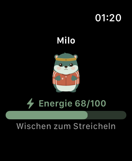 Angezogener LiftPal Wombat Milo auf Apple Watch mit Energieanzeige und Hinweis zum Streicheln