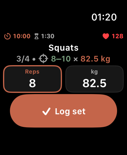LiftPal Apple Watch active set screen with Squats, set progress, target repetitions, weight and Log set button