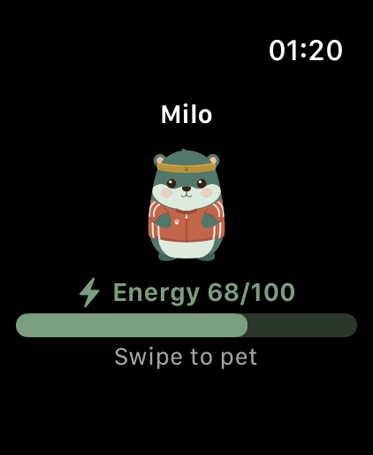 LiftPal Wombat Milo wearing an outfit on Apple Watch with energy and swipe to pet instruction