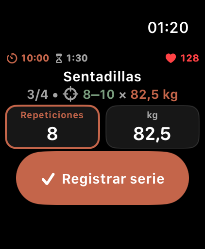 LiftPal en Apple Watch con sentadillas, progreso de series, repeticiones objetivo, peso y botón para registrar la serie