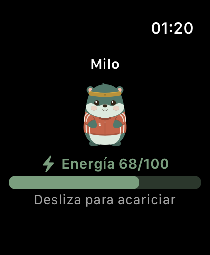 Wombat Milo con ropa en Apple Watch, energía e indicación para acariciarlo