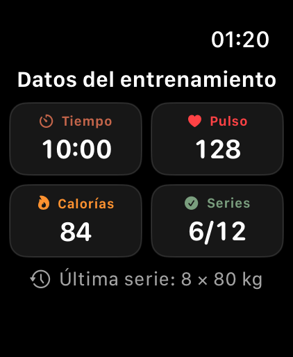 Métricas de entrenamiento de LiftPal en Apple Watch con tiempo, frecuencia cardiaca, calorías, series y serie anterior