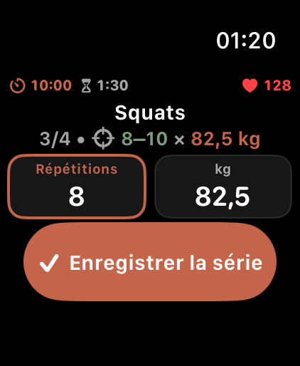 LiftPal sur Apple Watch avec squats, progression, répétitions cibles, poids et bouton pour enregistrer la série