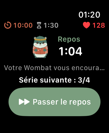 Minuteur de repos LiftPal sur Apple Watch avec prochaine série et Wombat qui encourage
