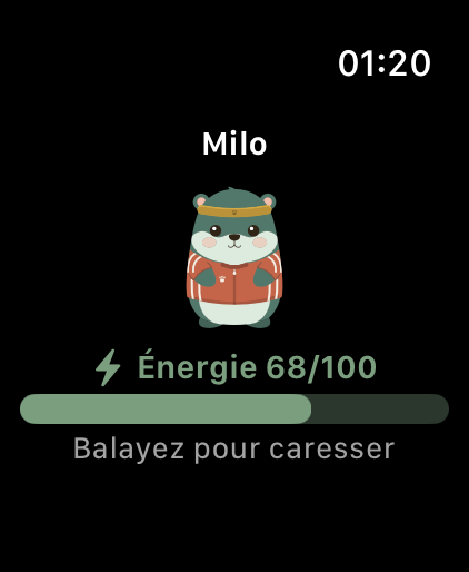 Wombat Milo habillé sur Apple Watch avec énergie et geste pour le caresser