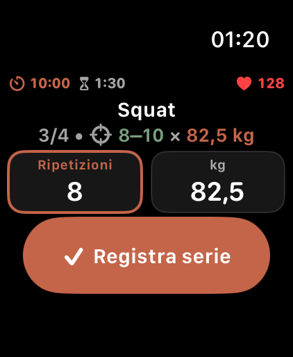 LiftPal su Apple Watch con squat, avanzamento serie, ripetizioni obiettivo, peso e pulsante registra serie