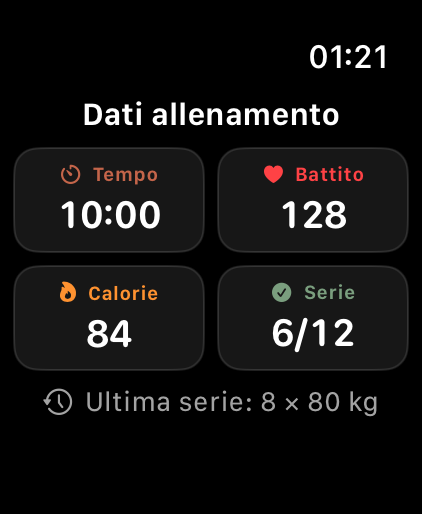 Dati allenamento LiftPal su Apple Watch con durata, frequenza cardiaca, calorie, serie e serie precedente